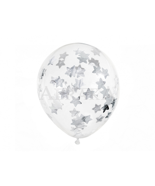 Balón konfety strieborné hviezdy 6ks/bal