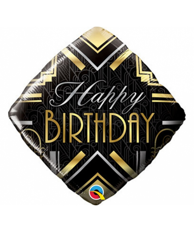  Happy Birthday balón Kocka - čierno zlatý fóliový balón 45 cm