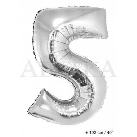 Strieborný fóliový balón číslo 5 - 102 cm